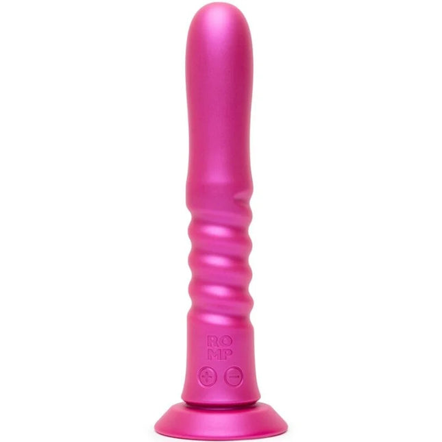 Rosa metallisch glänzender romp jiggle vibrierender auf und ab vibrator mit rippenstruktur und steuerung für innere stimulation