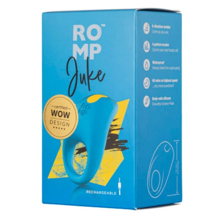Blauer romp juke silikon-penisring mit integriertem klitorisvibrator und gelbem akzent für gemeinsames spiel