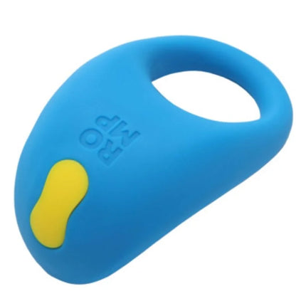 Blauer silikon-penisring romp juke mit gelbem knopf und integriertem klitorisvibrator für gemeinsames spiel