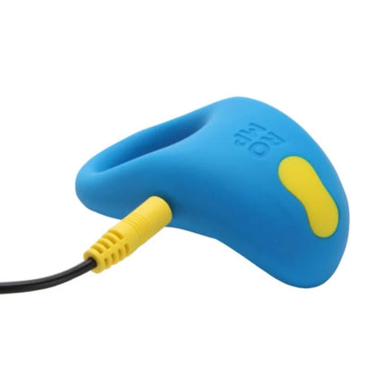 Blauer silikon-penisring romp juke mit integriertem klitorisvibrator und gelbem akzent für gemeinsames spiel