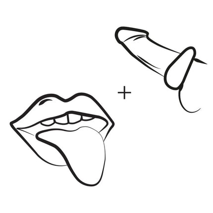 Schwarze linienzeichnung mit lippen und zunge plus stilisiertes penis-symbol bei romp juke silikon-penisring mit integriertem klitorisvibrator für gemeinsames spiel