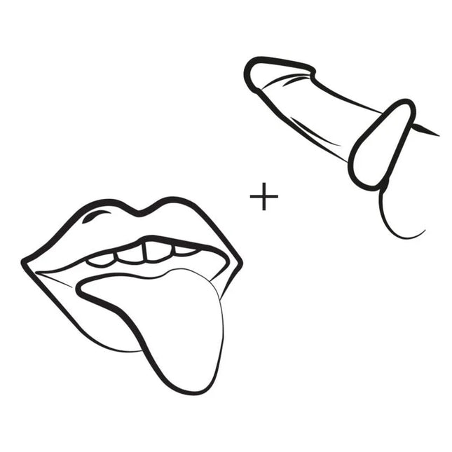 Schwarze linienzeichnung mit lippen und zunge plus stilisiertes penis-symbol bei romp juke silikon-penisring mit integriertem klitorisvibrator für gemeinsames spiel