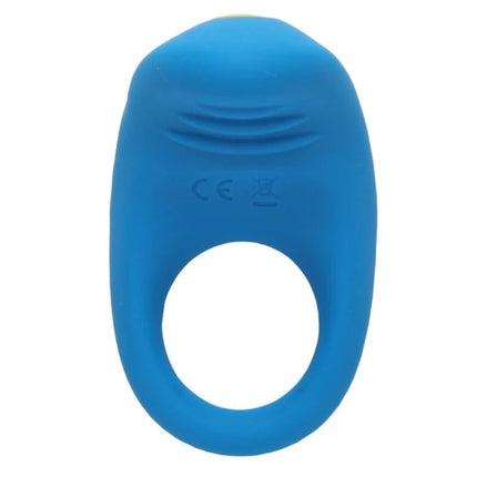 Blauer silikon-penisring romp juke mit texturiertem griff und integriertem klitorisvibrator für gemeinsames spiel