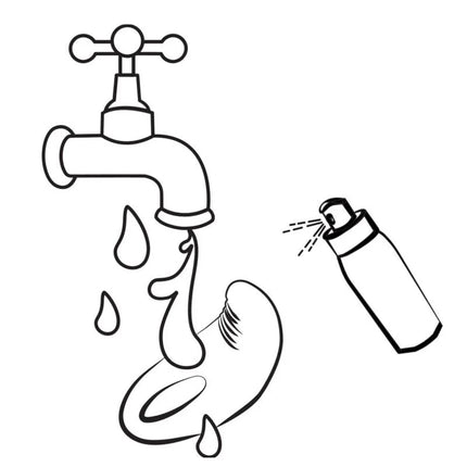 Schwarz-weiß zeichnung eines wasserhahns mit tropfendem wasser und aerosol spray zum gemeinsamen spiel mit romp juke silikon-penisring mit integriertem klitorisvibrator