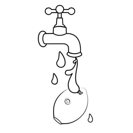 Schwarz-weiß lineare zeichnung eines wasserhahns mit wassertropfen über einer zitrone im romp lemon crush gelb