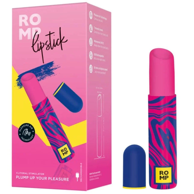 Romp lipstick lippenstift-vibrator mit pink-blauem swirl-muster und passendem pinken deckel für äußere klitorisstimulation