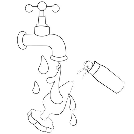 Schwarz-weiß zeichnung eines wasserhahns mit tropfendem wasser und aerosol spray zur unterstützung von romp luster abgestufte größen schrittweises analtraining