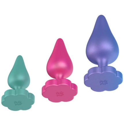 Set aus drei silikon-romp luster analplug abgestufte größen in teal pink und lila für schrittweises analtraining
