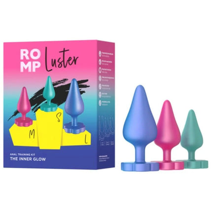 Romp luster analplug-trainingsset mit abgestufte größen in blau, pink und teal für schrittweises analtraining