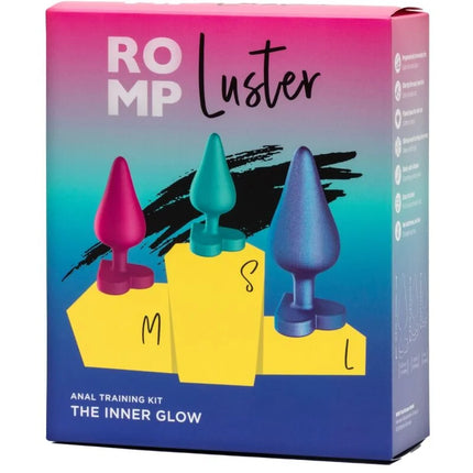 Romp luster analplug-trainingsset mit abgestuften größen in pink, teal und blau für schrittweises analtraining