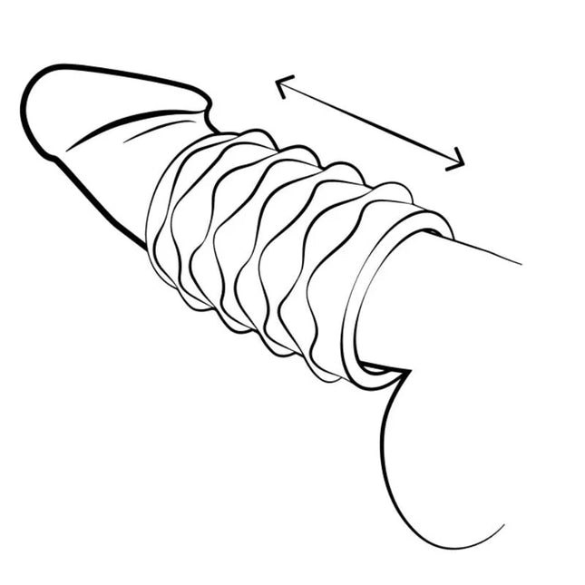 Schwarz-weiße linienzeichnung eines welligen, gerippten silikon cockrings im romp mosh masturbator mit flexiblem tpe