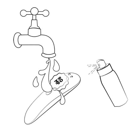 Weiße linienzeichnung eines wasserhahns mit tropfendem wasser neben einer sprühflasche zum romp party höschenvibrator für äußeren klitorisstimulation