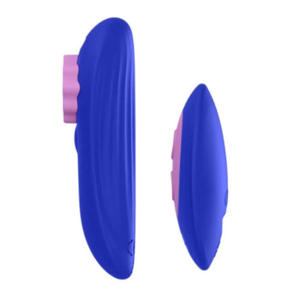 Blauer und rosafarbener silikonvibrator mit texturiertem griff für äußeren klitorisstimulation romp party höschenvibrator