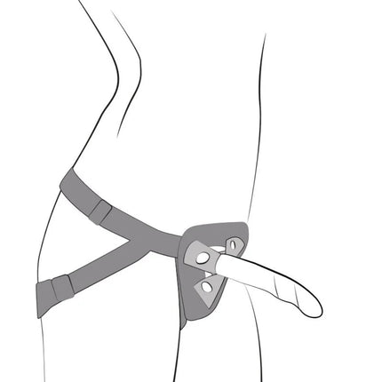Grauer leder harness mit verstellbaren riemen und metallschnalle im romp piccolo set mit abnehmbarem silikondildo