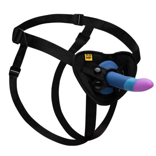 Schwarzes harness mit blau-lila silikon dildo mit con ventosa für superficies lisas und alta calidad