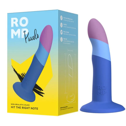 Romp piccolo silikondildo 14 cm mit dreifarbigem design in lila, blau und hellblau mit saugnapf und spitz zulaufender form