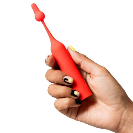 Romp pop silikon-klitorisvibrator in rot mit runddesign, glattem, konisch zulaufendem und abgerundetem spitzenende