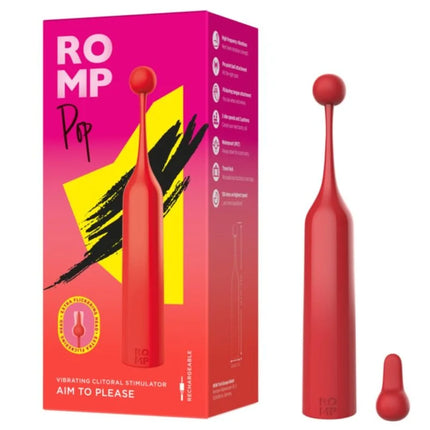 Roter romp pop klitorisvibrator aus silikon mit rundem kopf und schlankem tapered design