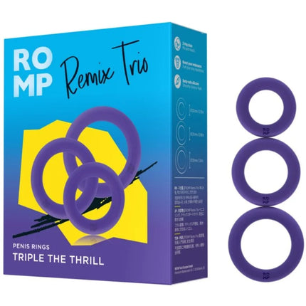 Lila silikon-penisringe aus dem romp remix trio set mit 3 penisringen für intensiveren genuss