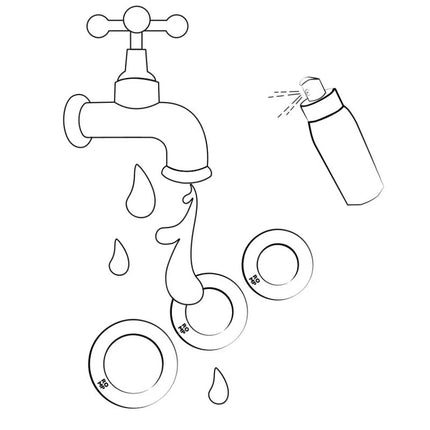 Schwarz-weiße zeichnung eines wasserhahns mit tropfen und zwei iso-dichtungen neben einer nebel sprühdose im romp remix trio set mit 3 silikon-penisringen in lila