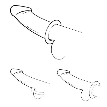 Schwarzweiß zeichnung von drei anatomischen männlichen genitalien mit silikon-penisringen in lila aus dem romp remix trio set