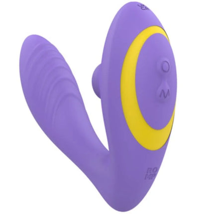 Lila und gelber silikon-romp reverb g-punkt-stimulator mit zwei strukturierten prongs und ergonomischem design