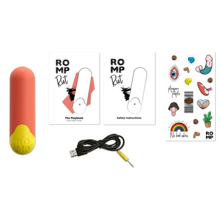 Romp riot bullet-vibrator in orange gelb aus silikon mit usb-aufladung und sichtbarem romp branding am fuß