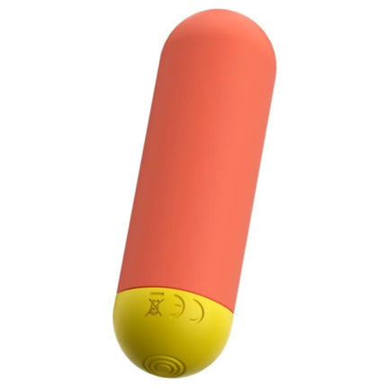 Romp riot bullet-vibrator in orange gelb aus silikon mit zylindrischem design und zertifizierungsmarken am gelben sockel