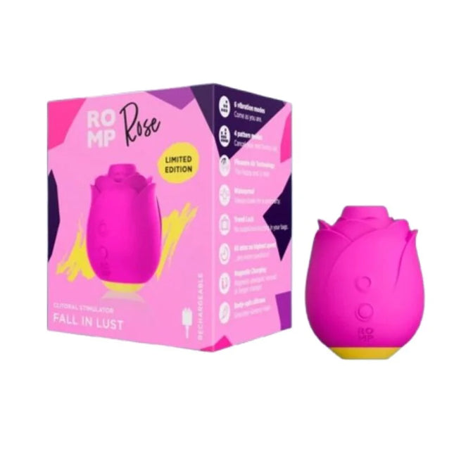 Vibranter rosa romp rose klitorisstimulator in rosenform mit gelber basis und magnetischer usb-aufladung