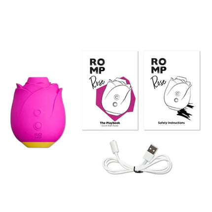 Ein vibranter pink-gelber romp rose 2.0 klitorisstimulator aus silikon mit magnetischer usb-aufladung