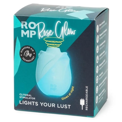 Romp rose glow druckwellenstimulator in leuchtender rosenform mit teal schwarzer verpackung und blau leuchtendem silikon