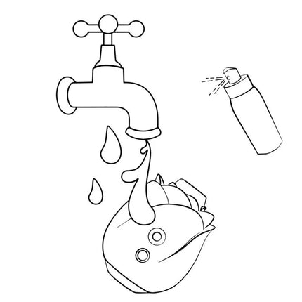Weiße linienzeichnung eines fahrradhelms, der mit wasser und sprühflasche gereinigt wird, beim romp rose glow druckwellenstimulator in rosenform