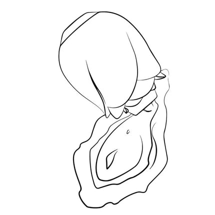 Minimalistisches schwarzweißlinienbild einer stilisierten, kapuzenbekleideten figur mit fließendem stoff für romp rose glow