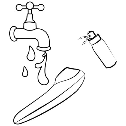 Schwarz-weiße linienzeichnung eines wasserspenders und aerosoldose zur reinigung neben romp shine x silikon-auflagevibrator in rosa für äußere klitorisstimulation
