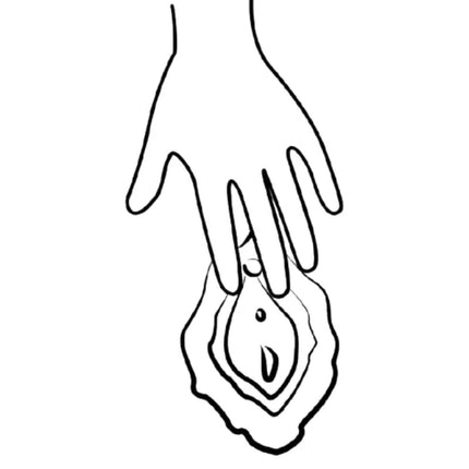 Minimalistisches schwarzlinienbild einer hand, die sanft den romp shine silikon-auflagevibrator rosa zur äußeren klitorisstimulation hält