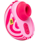 Pink und weiß gestreiftes silikonspielzeug romp spin mit hellrosa düse und plus minus tasten an der seite