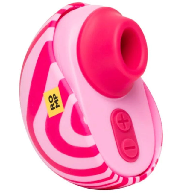 Pink und weiß gestreiftes silikonspielzeug romp spin mit hellrosa düse und plus minus tasten an der seite