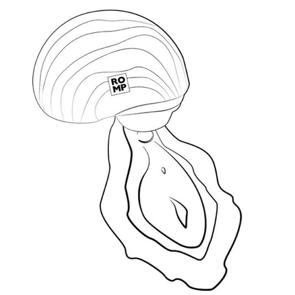 Schwarz-weiß zeichnung eines jellyfish-förmigen kompakten runden auflegevibrators mit konzentrischen mustern und romp-logo für äußere stimulation