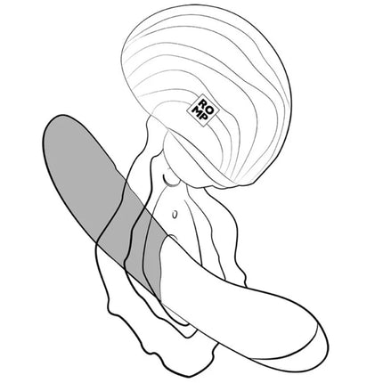 Stilisiertes schwarzweiß linienbild einer figur mit oversized gestreiftem hut und romp logo für romp spin runder auflegevibrator zur äußeren stimulation