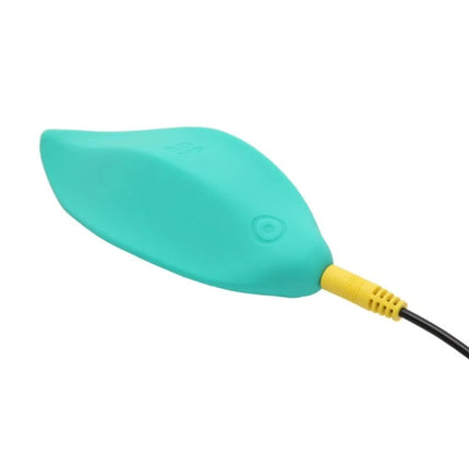 Teal silikon leaf geformter romp wave klitorisvibrator mit gelbem anschluss und schwarzem kabel für gezielte äußere stimulation