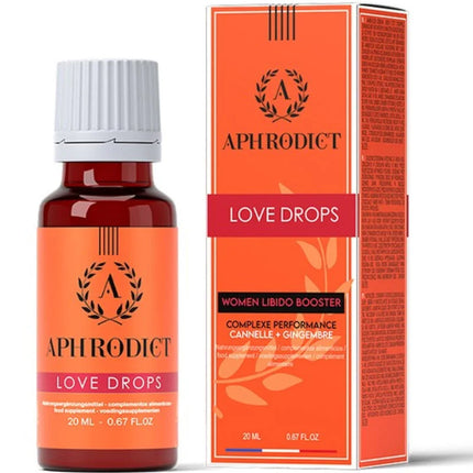 Orange farbene flasche mit aphrodict stimulierende liebestropfen und weißem deckel neben passender box für frauen libido booster