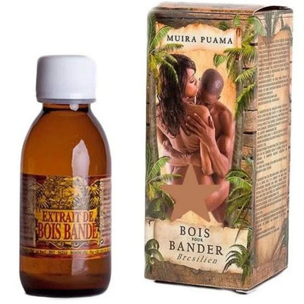 Amber glasflasche mit weißem deckel und goldgeprägtem etikett, enthält bois pour bander aphrodisiakum muira puama flüssigkeit