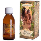 Amber glasflasche mit weißem deckel und goldgeprägtem etikett, enthält bois pour bander aphrodisiakum muira puama flüssigkeit