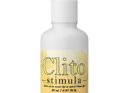 Weiße plastikflasche mit weißem tropfverschluss und gelbem etikett clito-stimula für ruf klitoris-stimulierende creme