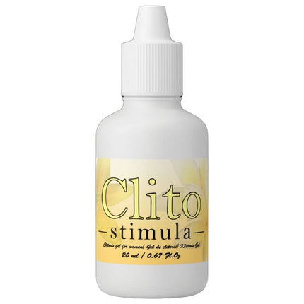 Weiße plastikflasche mit weißem tropfverschluss und gelbem etikett clito-stimula für ruf klitoris-stimulierende creme