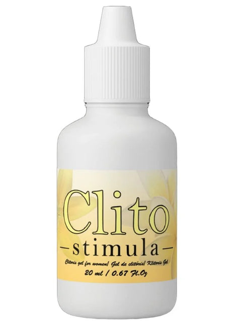 Weiße plastikflasche mit weißem tropfverschluss und gelbem etikett clito-stimula für ruf klitoris-stimulierende creme
