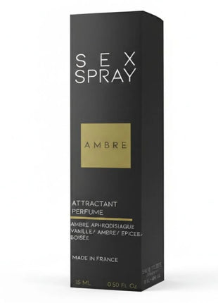 Schwarze rechteckige box für ruf sex spray pheromon parfum für männer mit goldem quadratetikett und weißen duftnoten text