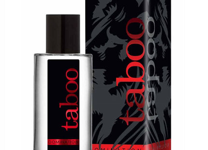 Klar glasflasche mit schwarzem deckel und rotem taboo label duft domination parfüm mit pheromonen für ihn 50ml