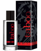 Klar glasflasche mit schwarzem deckel und rotem taboo label duft domination parfüm mit pheromonen für ihn 50ml