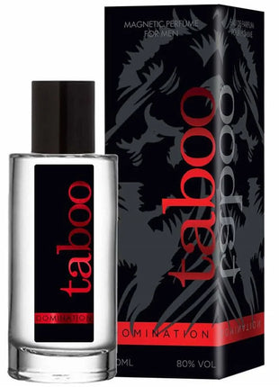 Klar glasflasche mit schwarzem deckel und rotem taboo label duft domination parfüm mit pheromonen für ihn 50ml